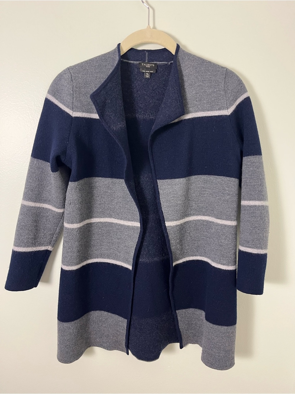Talbots Navy and Gray 100% Merino Wool Striped Open Cardigan Sweater